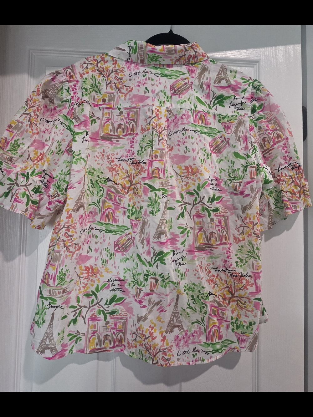 Karl Lagerfeld White Button-Up Shirt with Pink & Green Paris Print - Picture 3 of 6